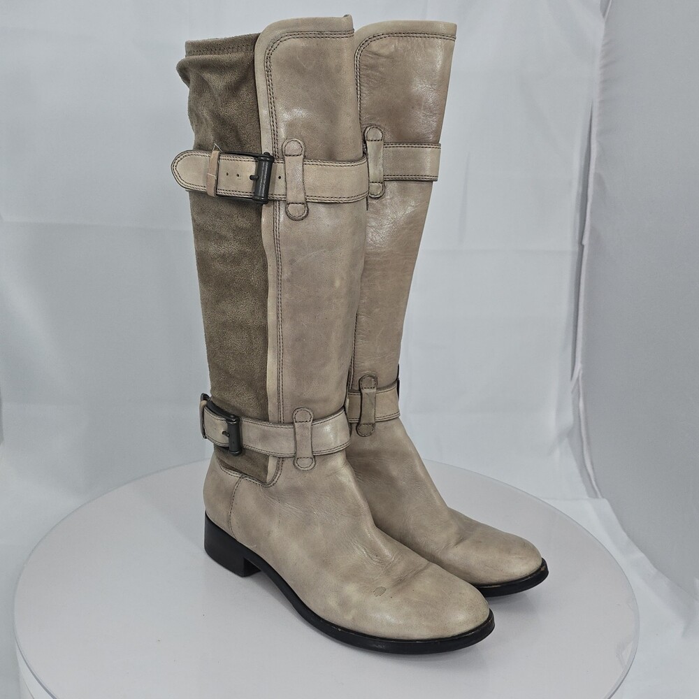 COLE HAAN Air Avalon Tall Leather 3-Buckle Stretch Panel 9.5 Boots Taupe D35370